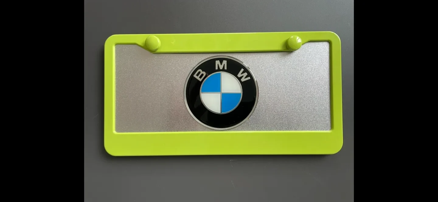BMW logo on a silver and green frame.